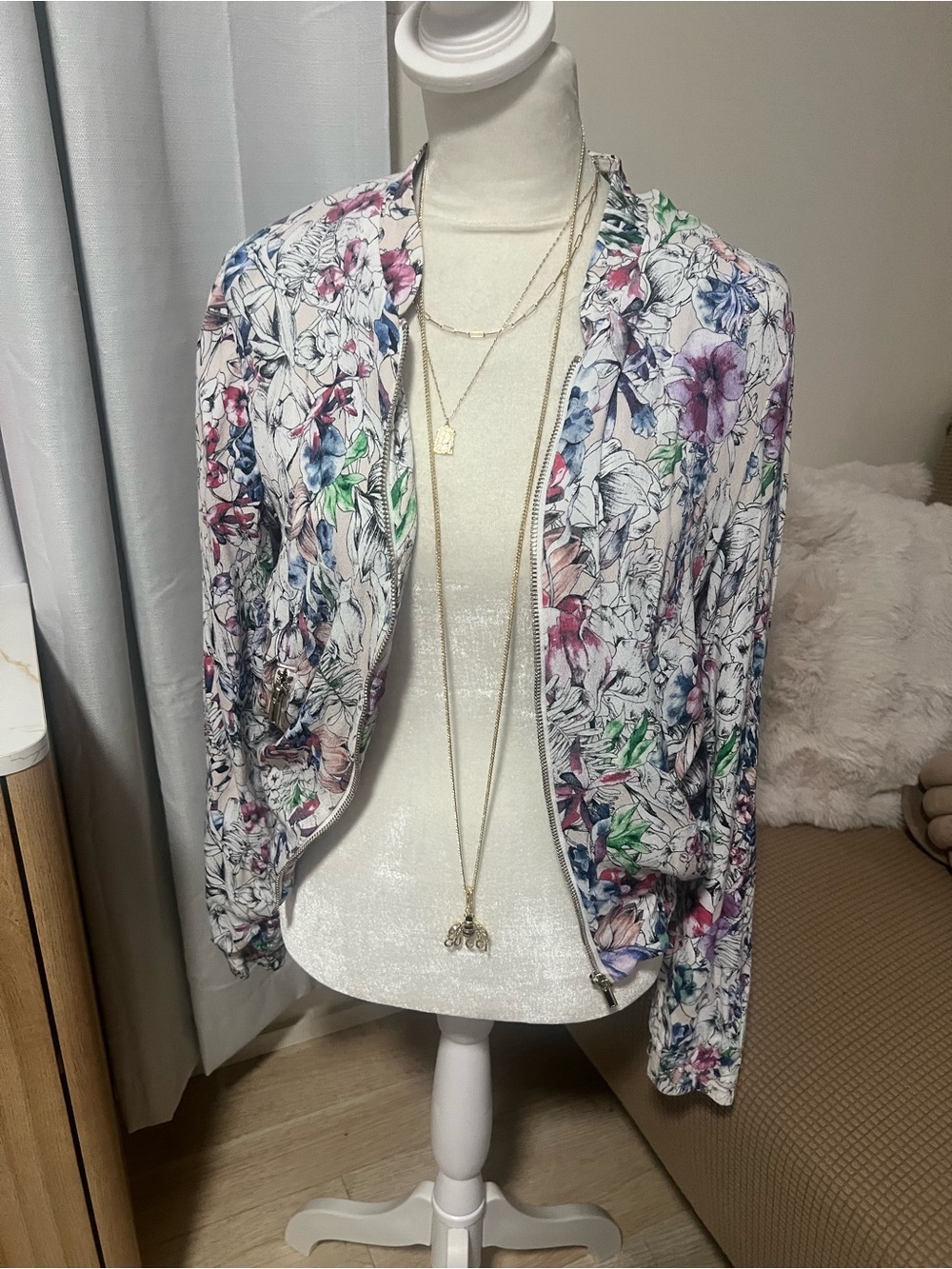 H&M Floral Bomber Jacket in White with Pink, Blue & Green Accents